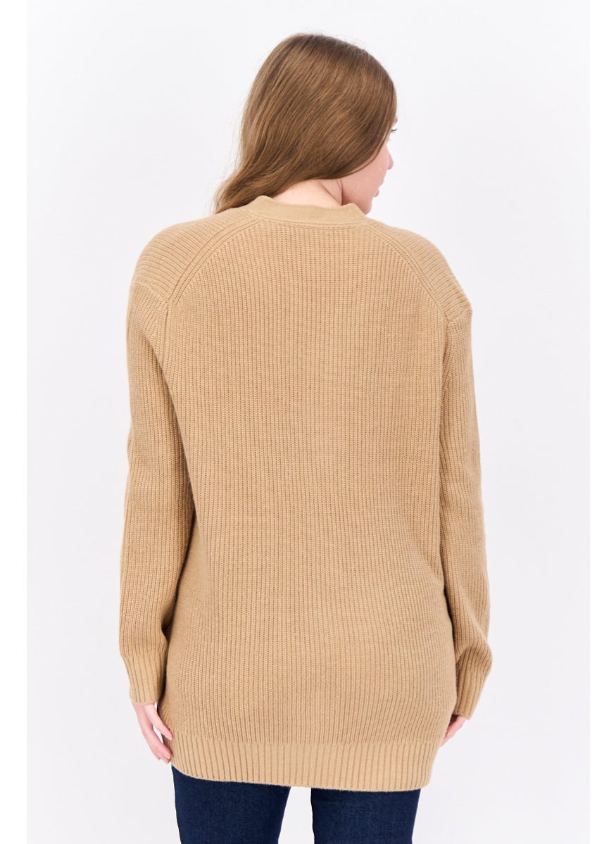 Women V-Neck Brand Logo Cardigan, Warm Tan
