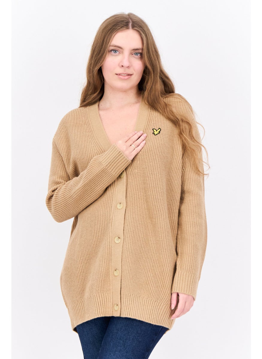 Women V-Neck Brand Logo Cardigan, Warm Tan