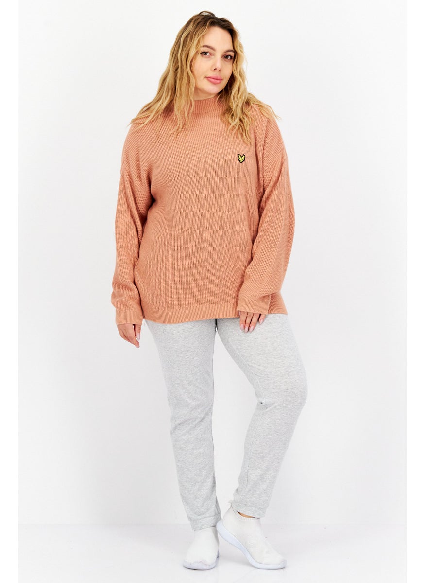 Women High Neck Brand Logo Long Sleeves Sweater, Peach