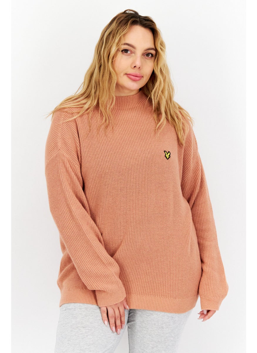 Women High Neck Brand Logo Long Sleeves Sweater, Peach
