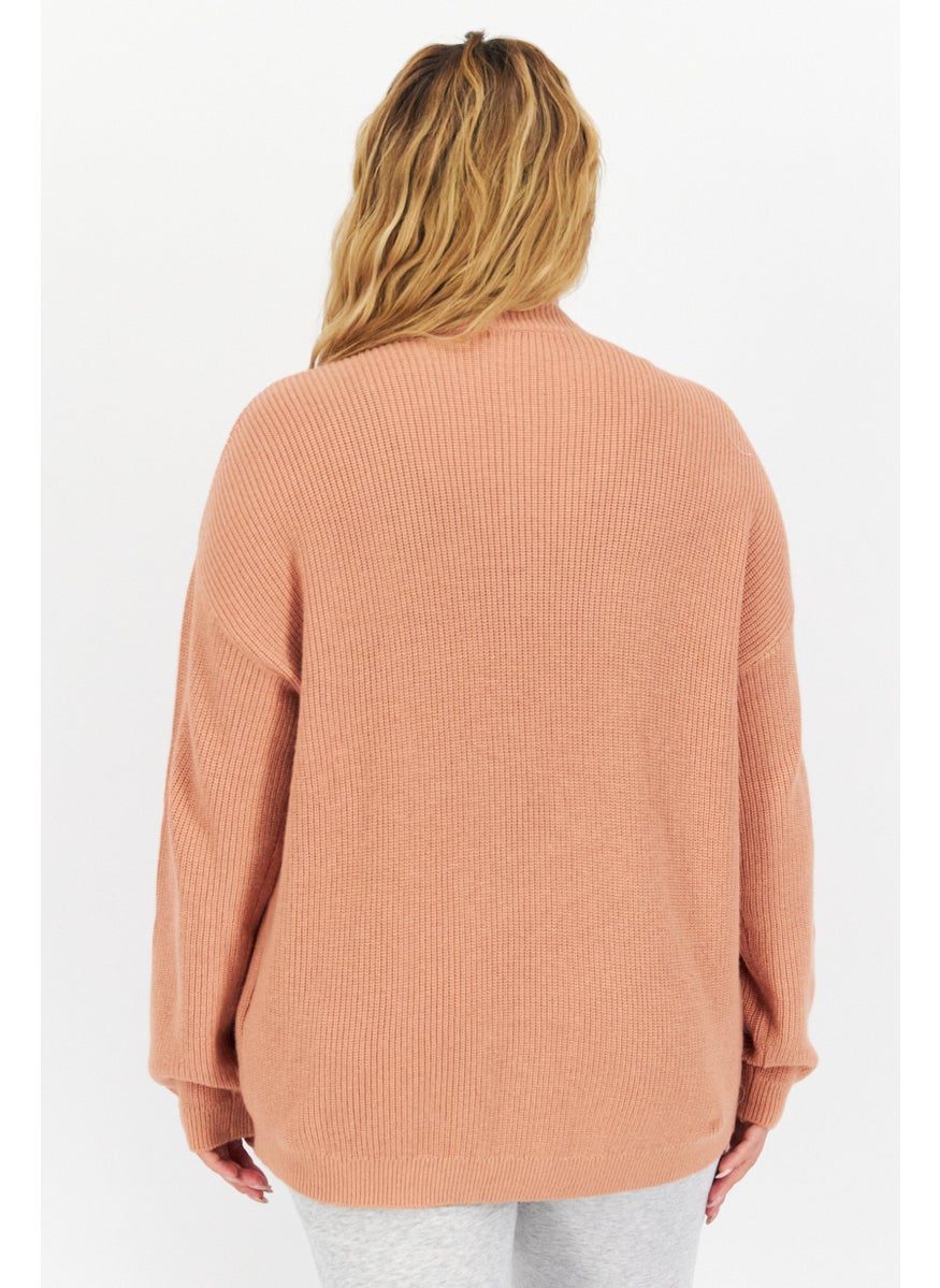 Women High Neck Brand Logo Long Sleeves Sweater, Peach