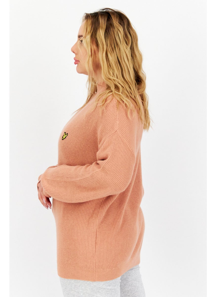 Women High Neck Brand Logo Long Sleeves Sweater, Peach