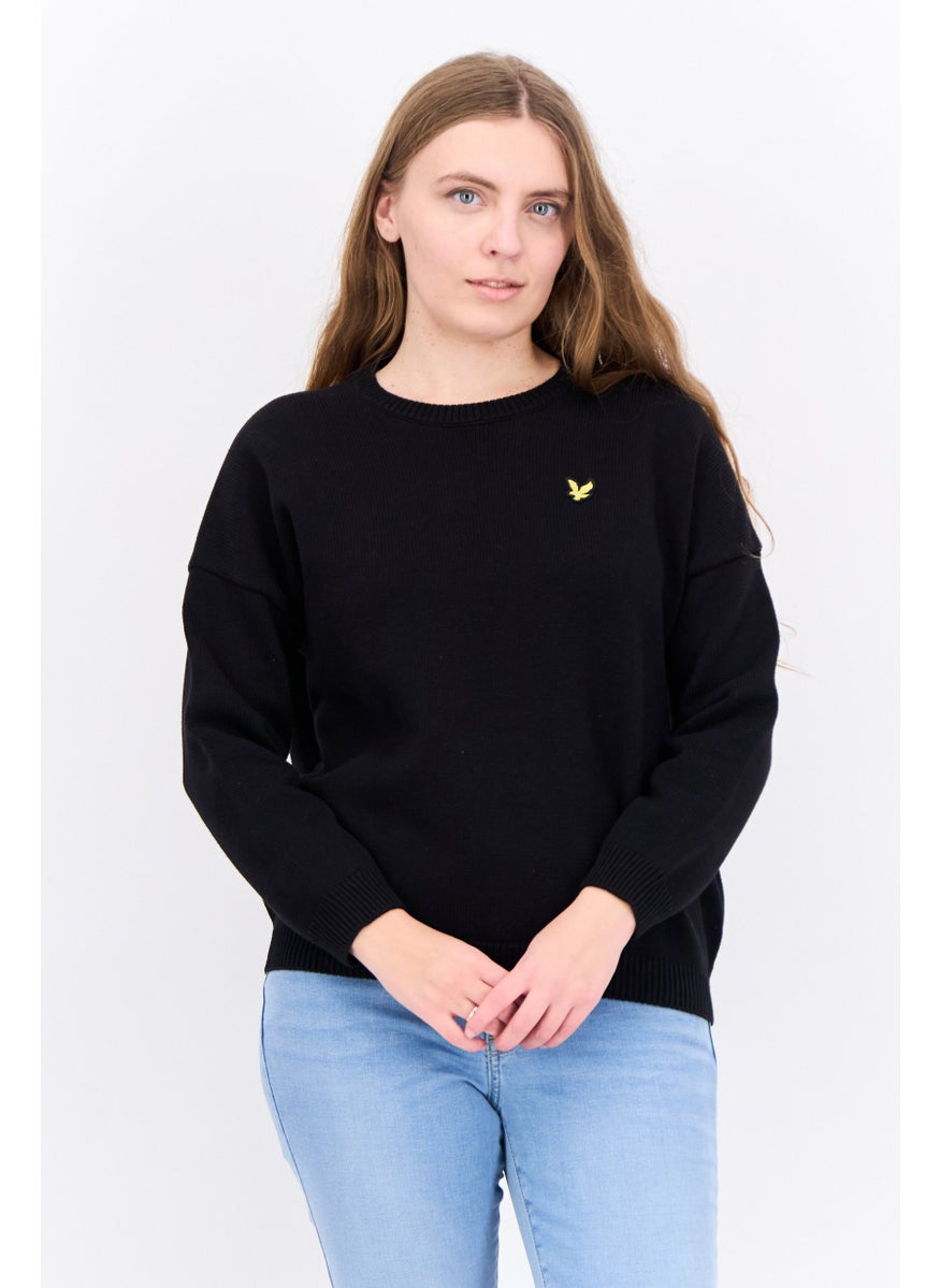 Women Crew Neck Embroidered Logo Sweater, Black