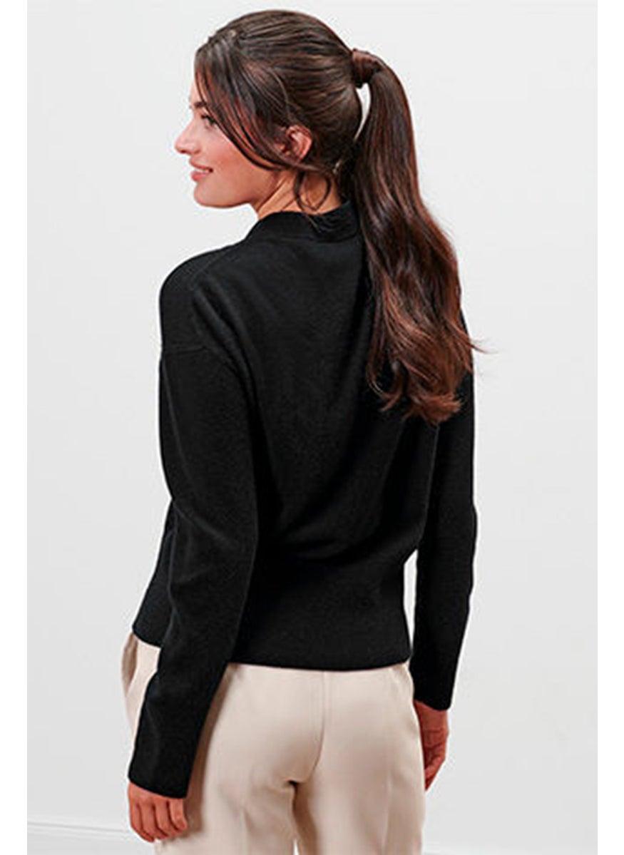 Women High Neck Long Sleeve Textured Sweater, Black