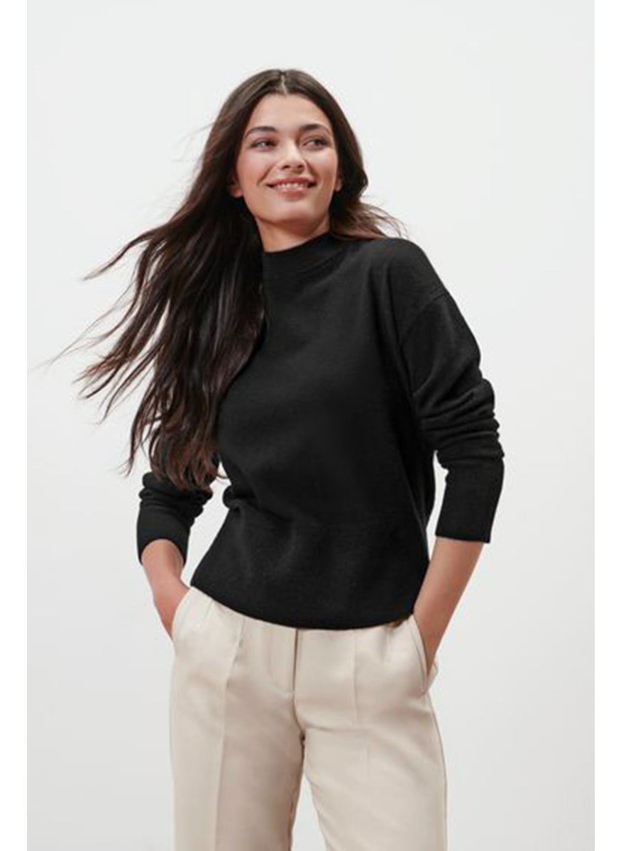 Women High Neck Long Sleeve Textured Sweater, Black