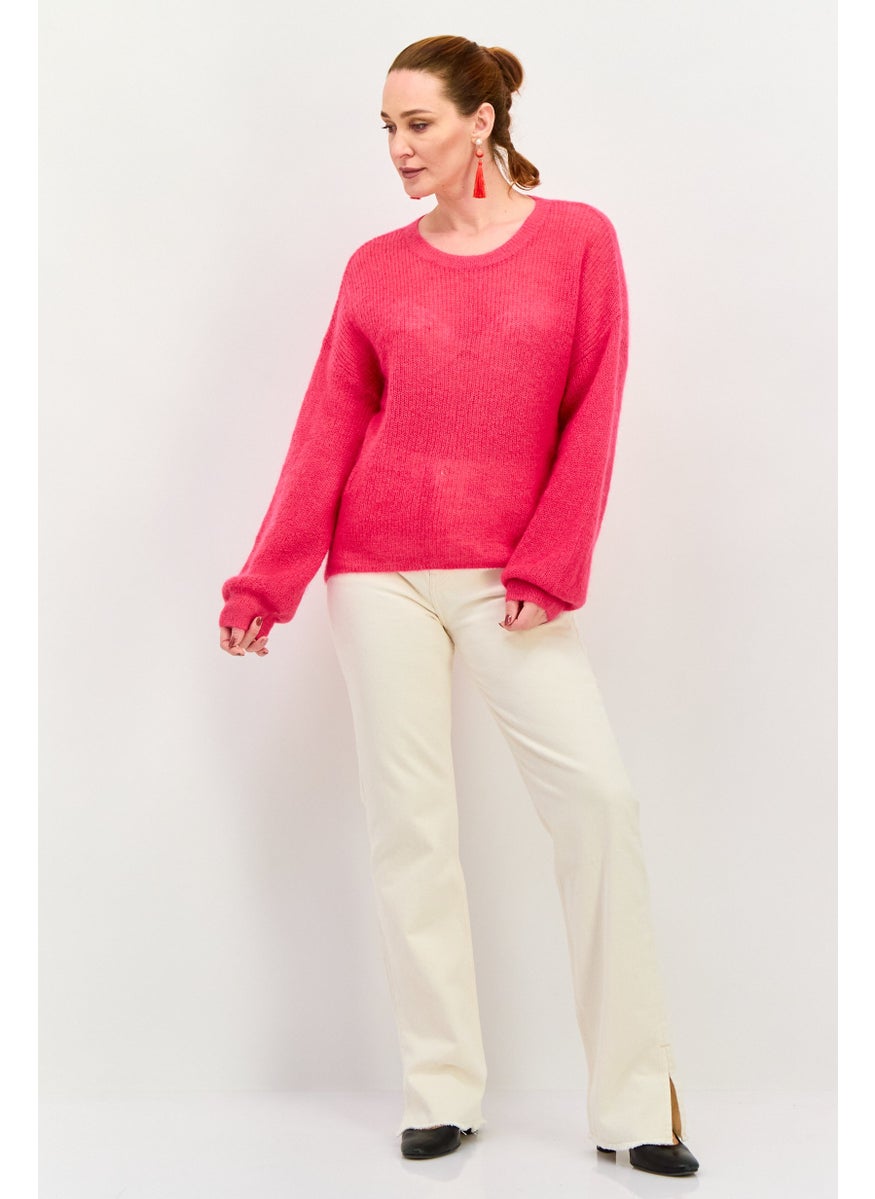 Women Crew Neck Long Sleeves Knitted Sweater, Pink