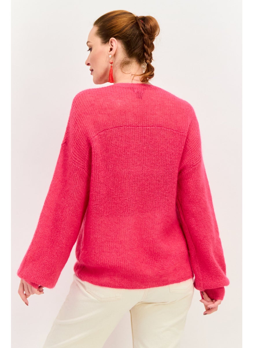 Women Crew Neck Long Sleeves Knitted Sweater, Pink