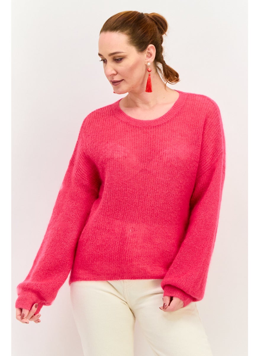 Women Crew Neck Long Sleeves Knitted Sweater, Pink