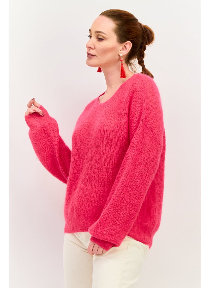 Women Crew Neck Long Sleeves Knitted Sweater, Pink