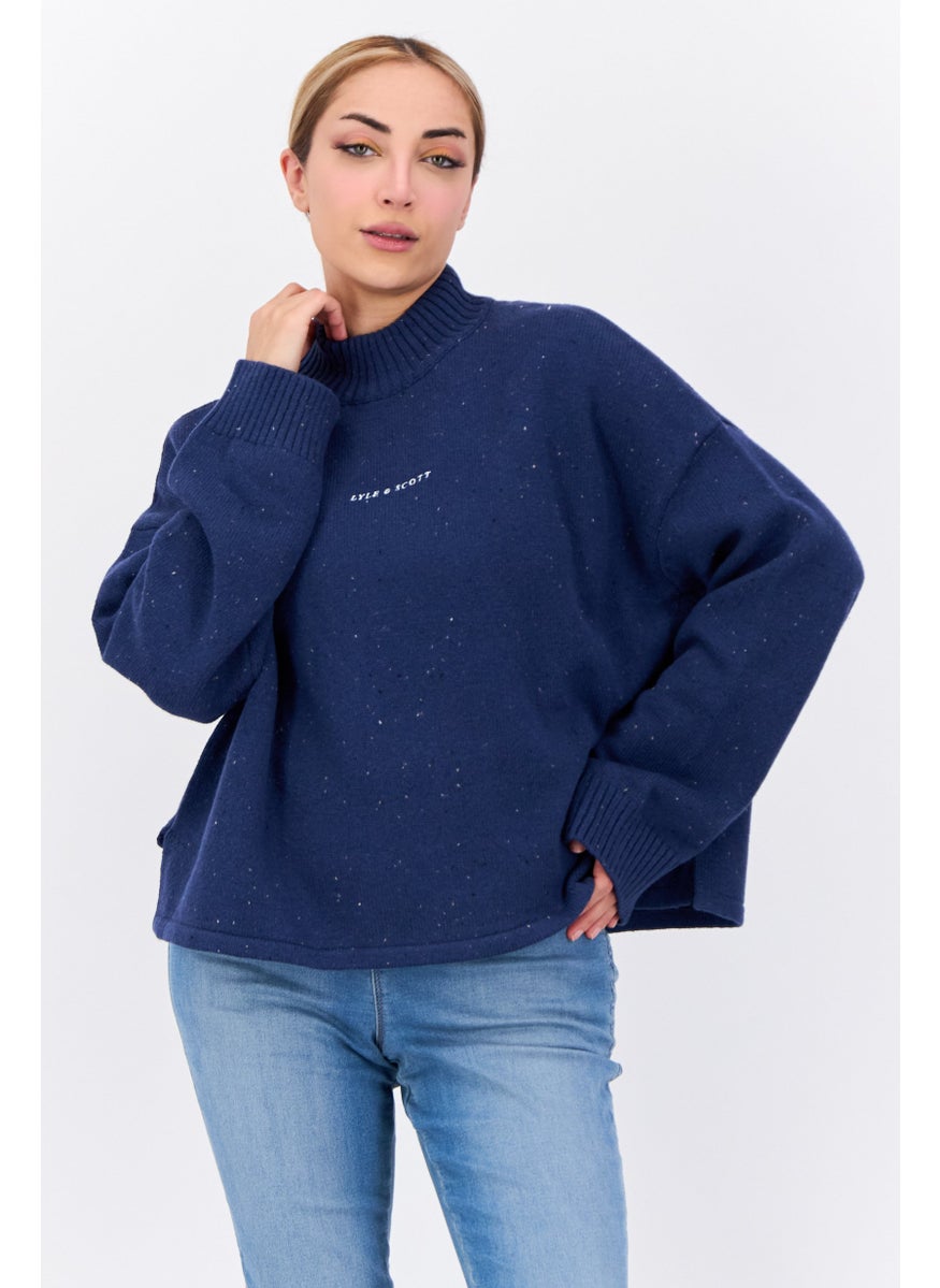Women High Neck Brand Logo Sweater, Navy