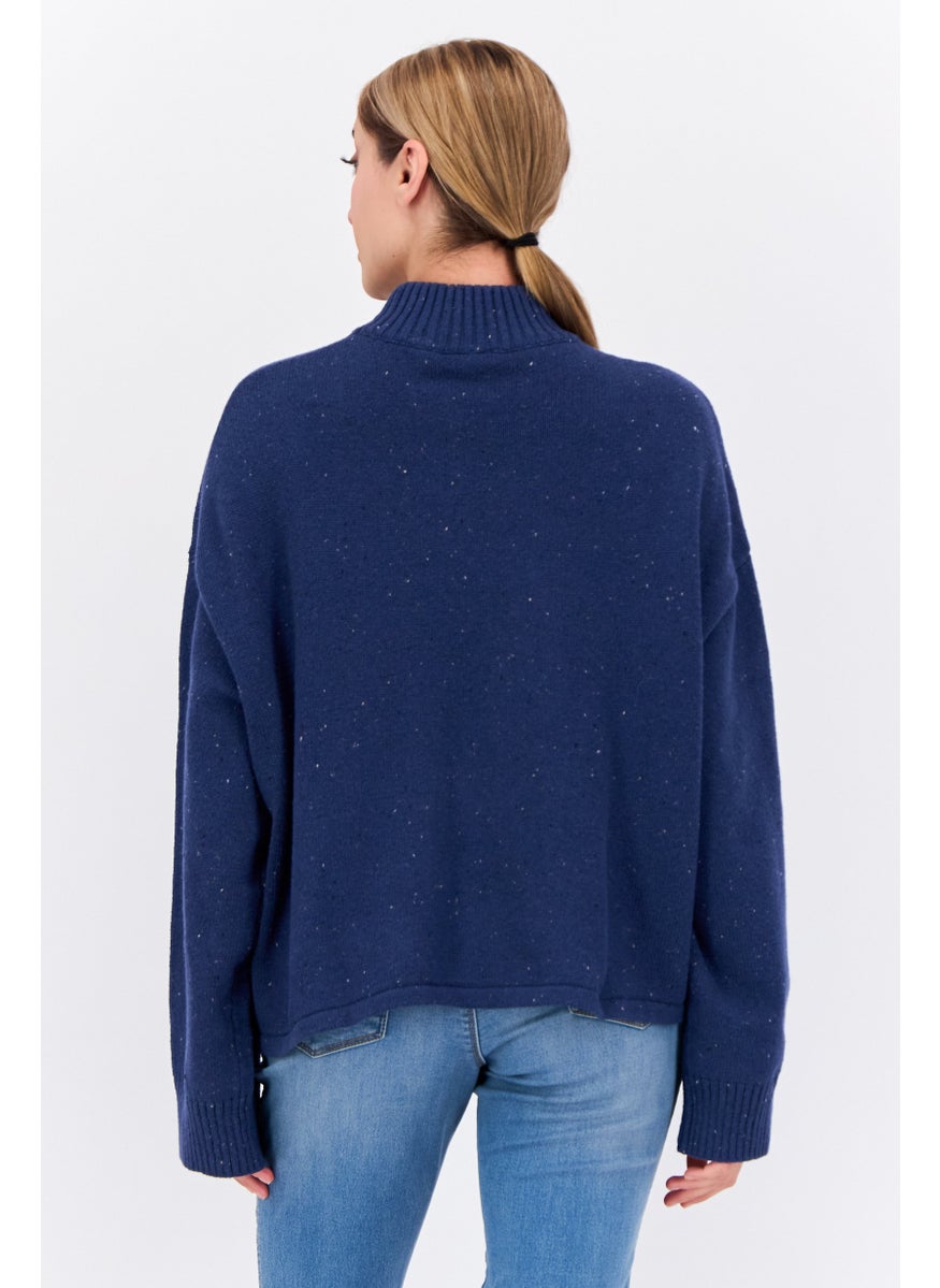 Women High Neck Brand Logo Sweater, Navy