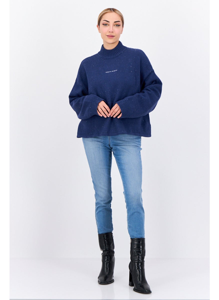 Women High Neck Brand Logo Sweater, Navy