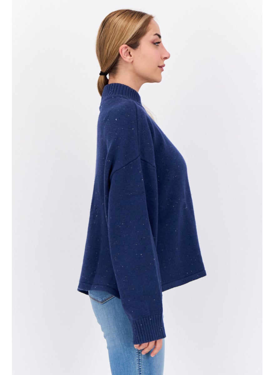 Women High Neck Brand Logo Sweater, Navy