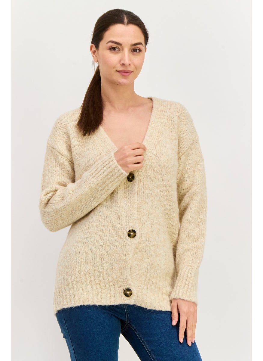 Women V-Neck Textured Cardigans, Beige