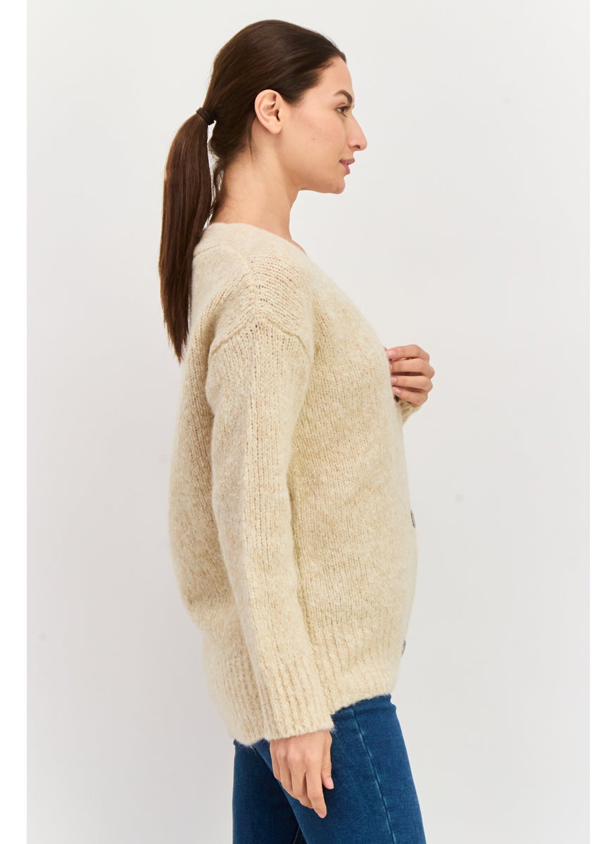 Women V-Neck Textured Cardigans, Beige