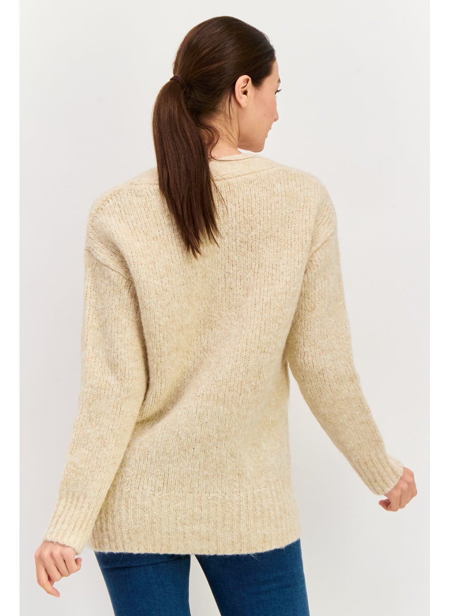 Women V-Neck Textured Cardigans, Beige