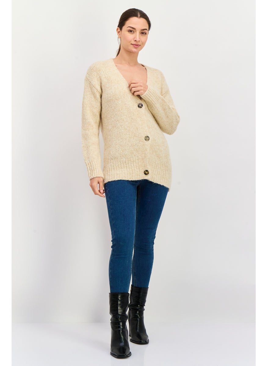 Women V-Neck Textured Cardigans, Beige