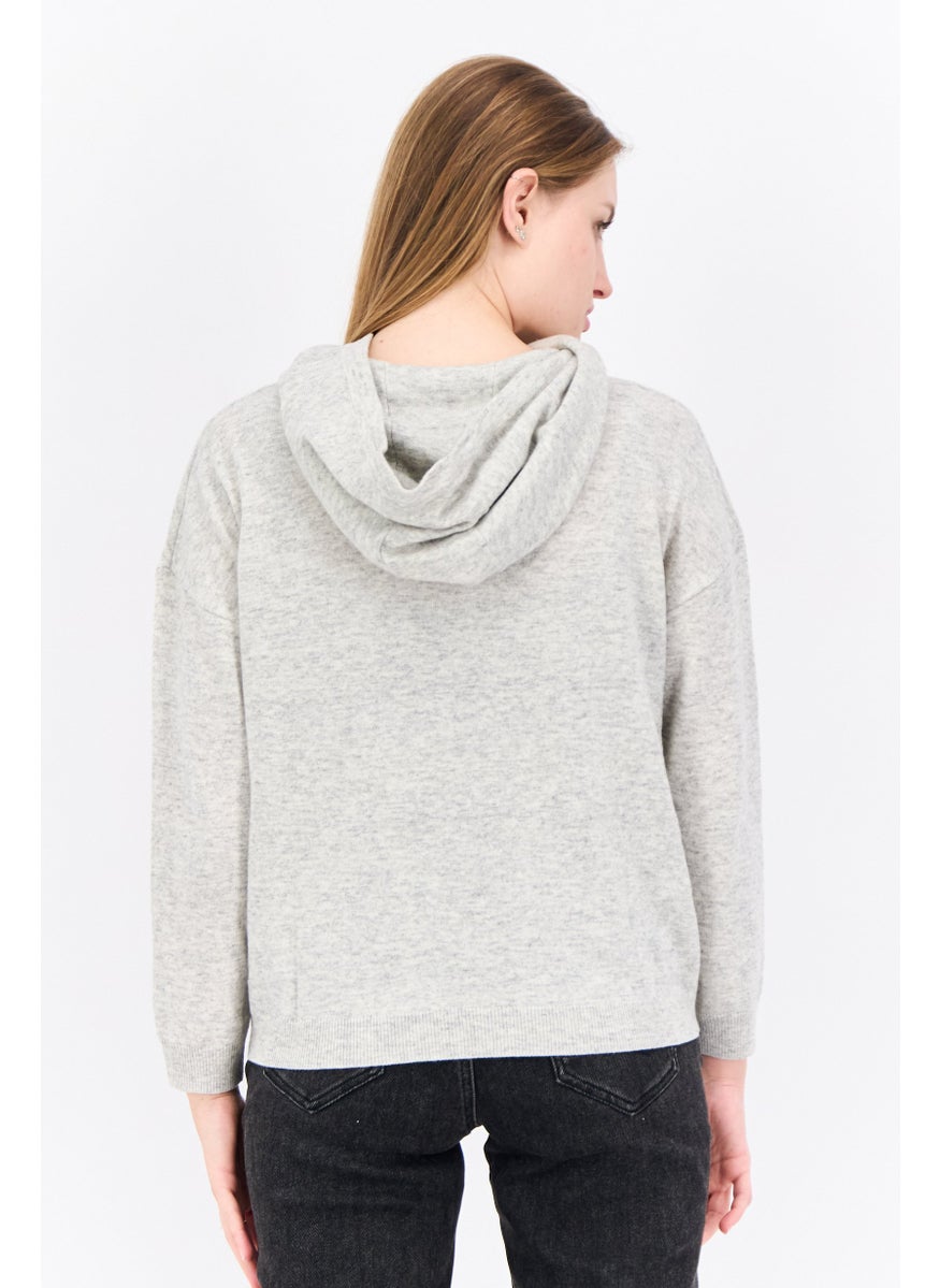Women Hooded Long Sleeve Heather Sweaters, Grey Heather