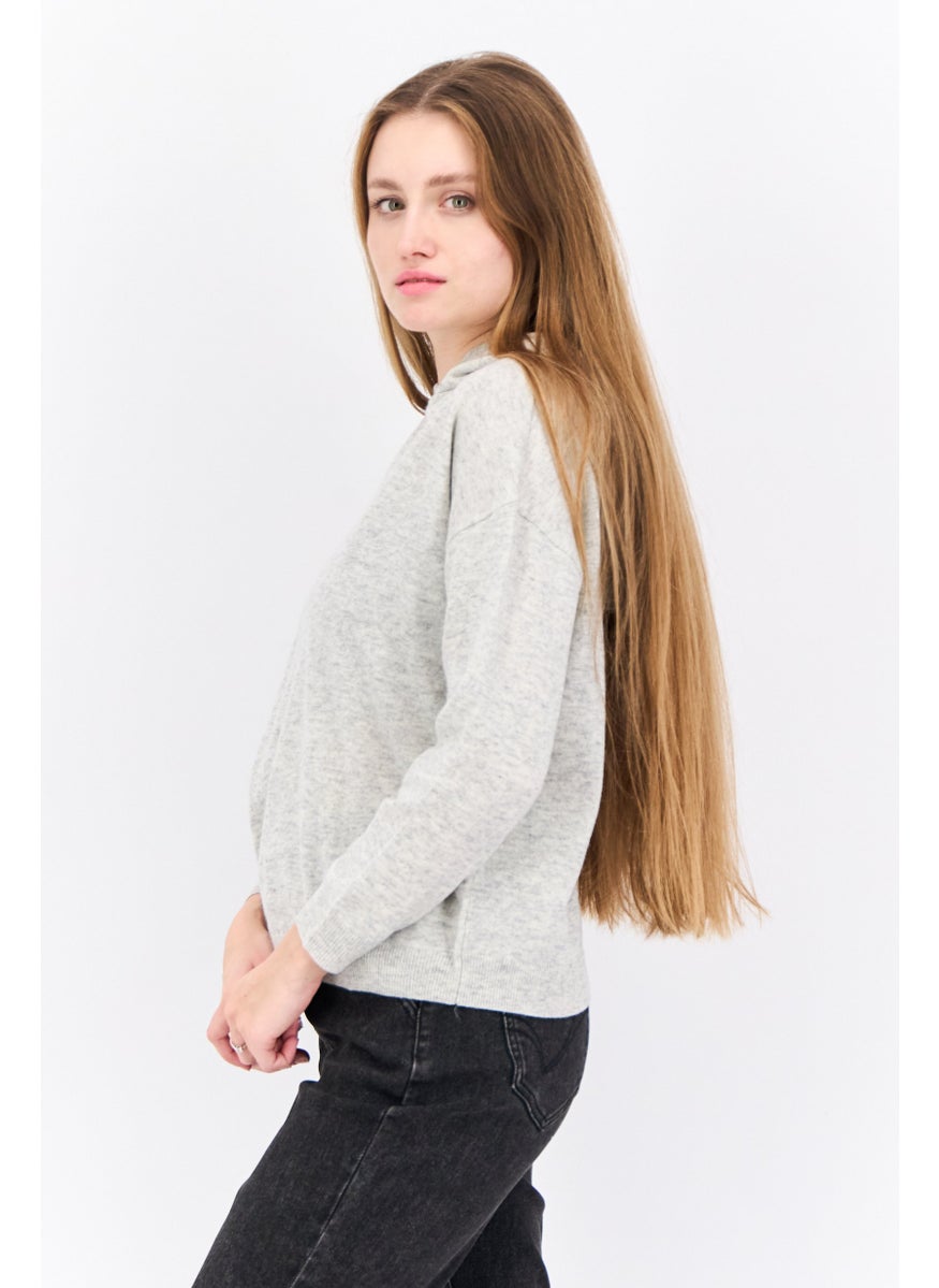 Women Hooded Long Sleeve Heather Sweaters, Grey Heather