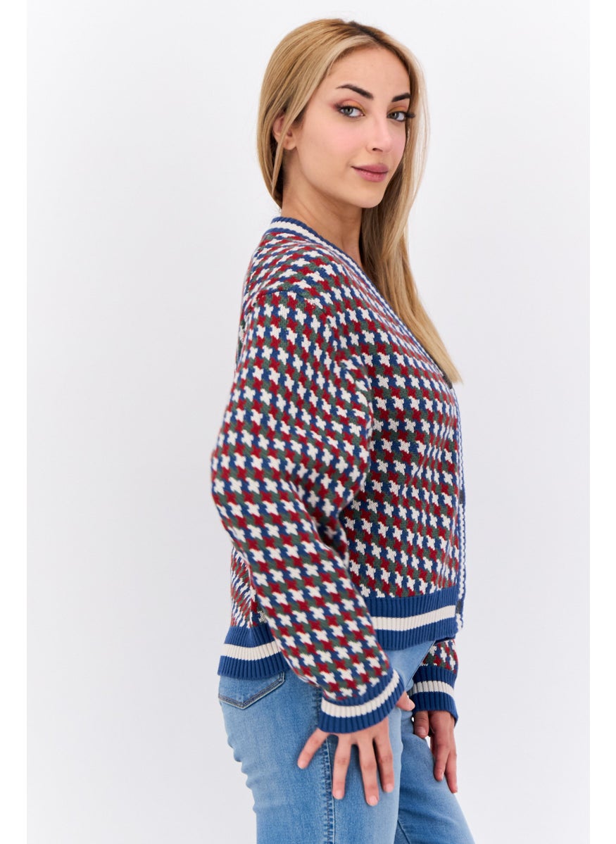 Women V-Neck Knitted Allover Print Cardigan, White