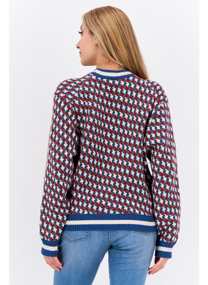 Women V-Neck Knitted Allover Print Cardigan, White