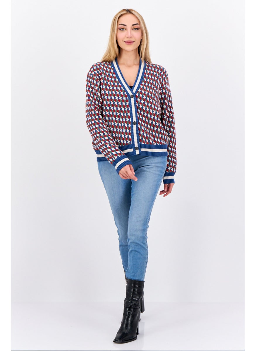 Women V-Neck Knitted Allover Print Cardigan, White