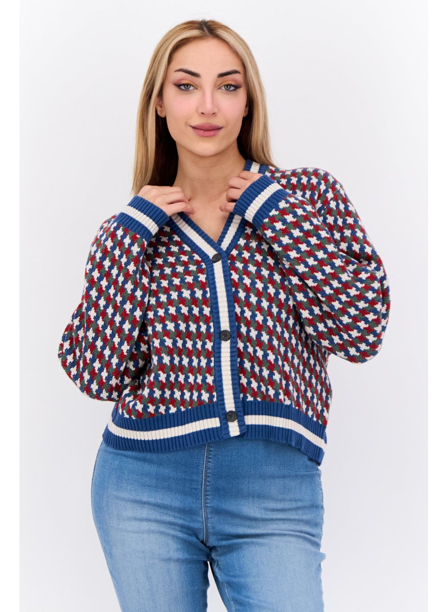 Women V-Neck Knitted Allover Print Cardigan, White