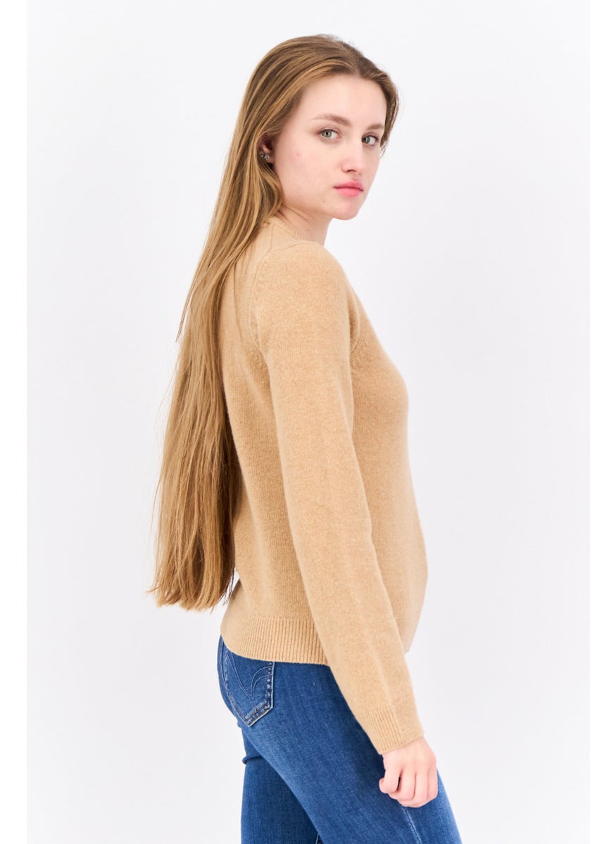 Women Crew Neck Embroidered Logo Knitted Sweater, Tan