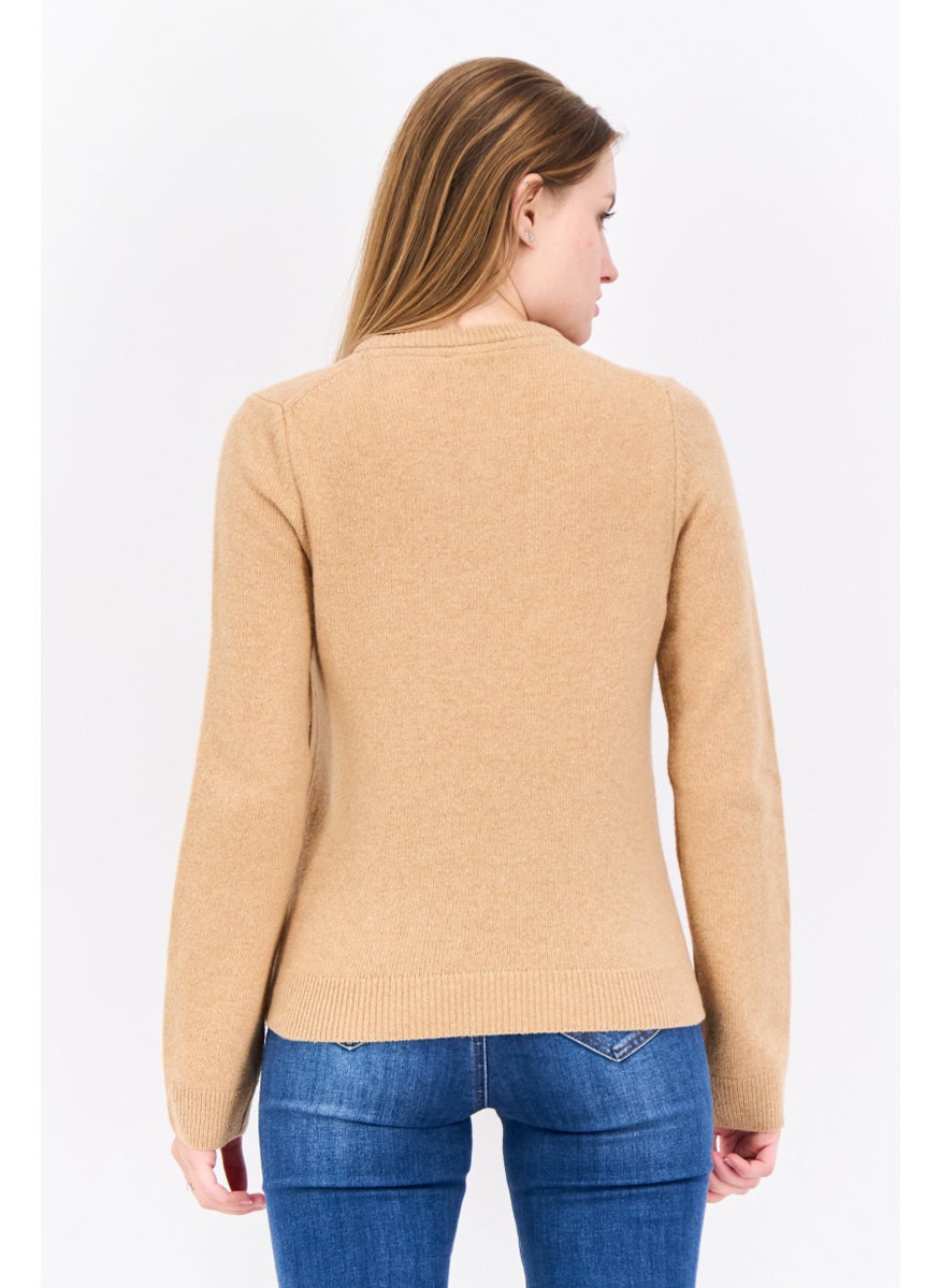 Women Crew Neck Embroidered Logo Knitted Sweater, Tan