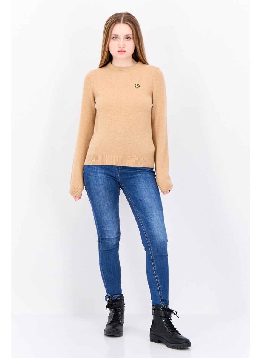 Women Crew Neck Embroidered Logo Knitted Sweater, Tan
