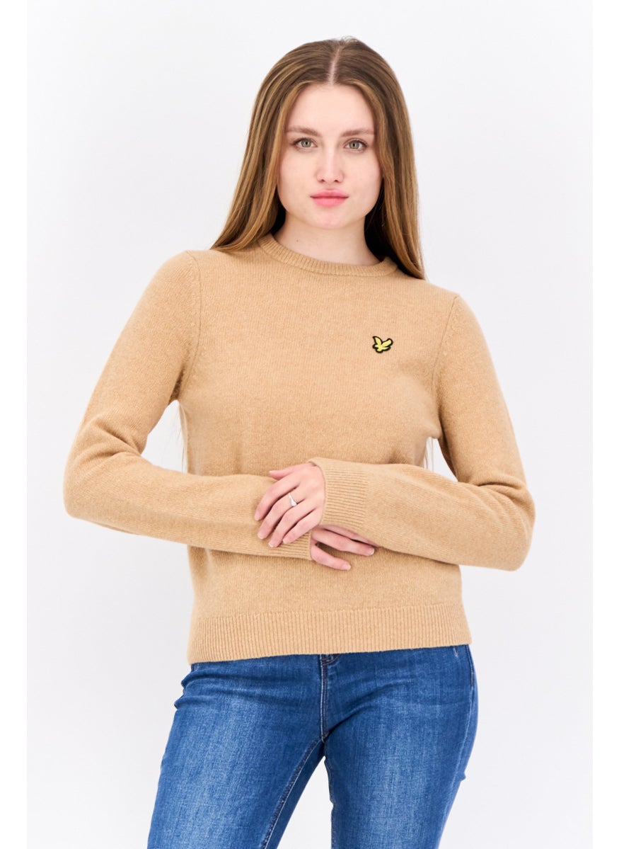 Women Crew Neck Embroidered Logo Knitted Sweater, Tan