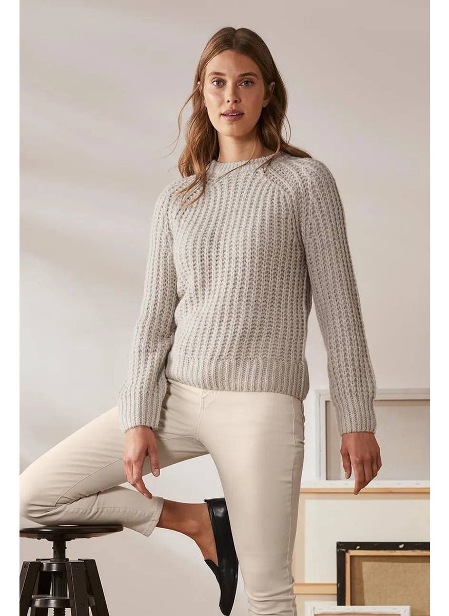 Women Crew Neck Knitted Sweater, Taupe