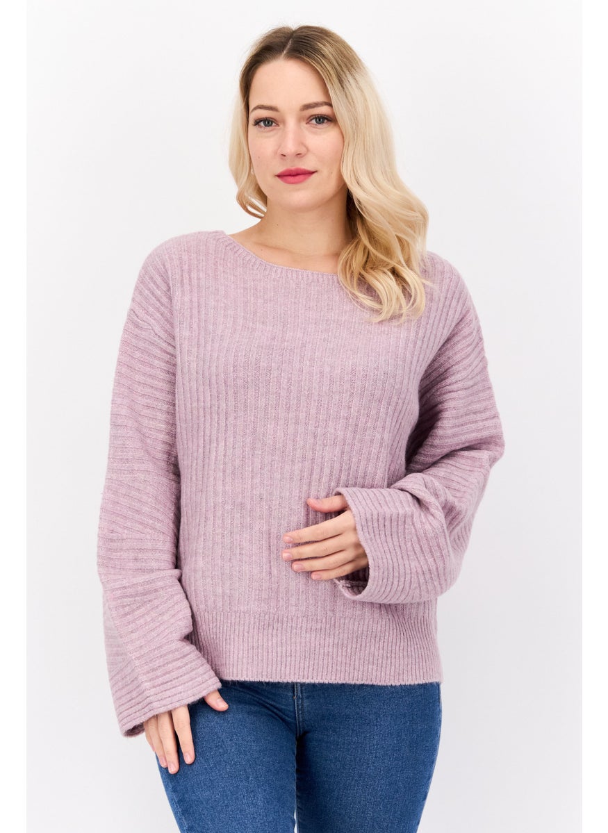 Women Round Neck Long Sleeves Knitted Sweater, Purple