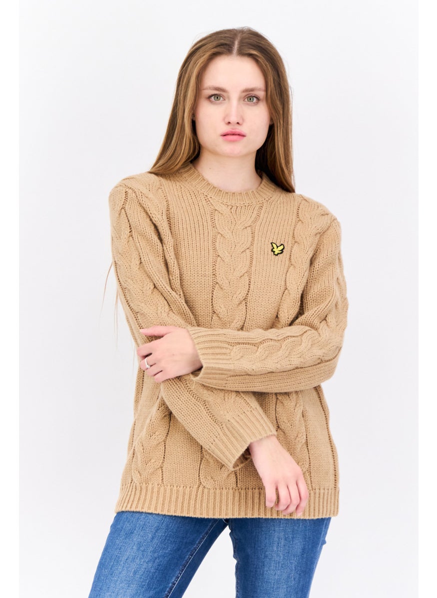 Women Crew Neck Long Sleeve Knitted Sweater, Tan
