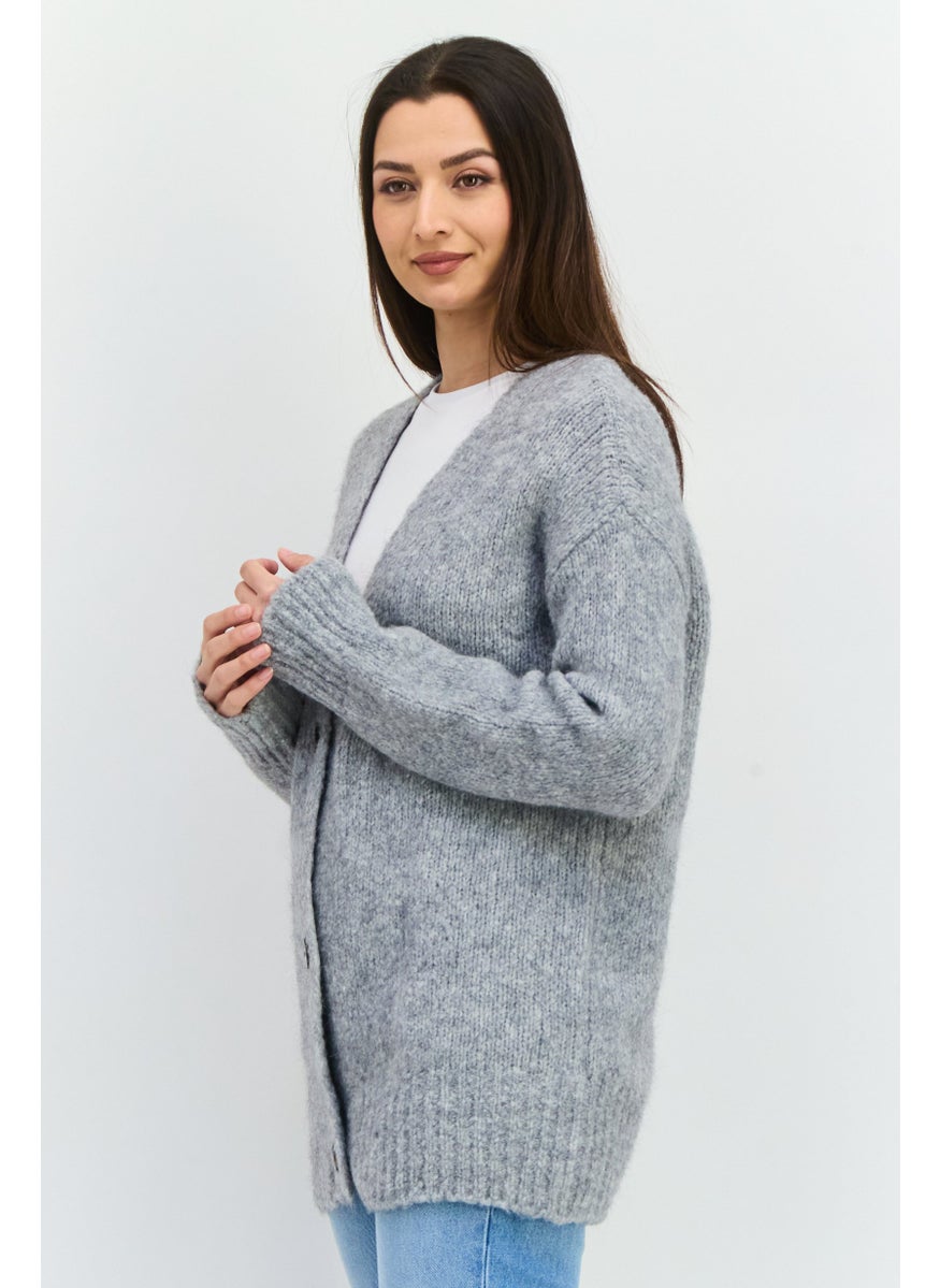 Women V-Neck Textured Cardigans, Grey