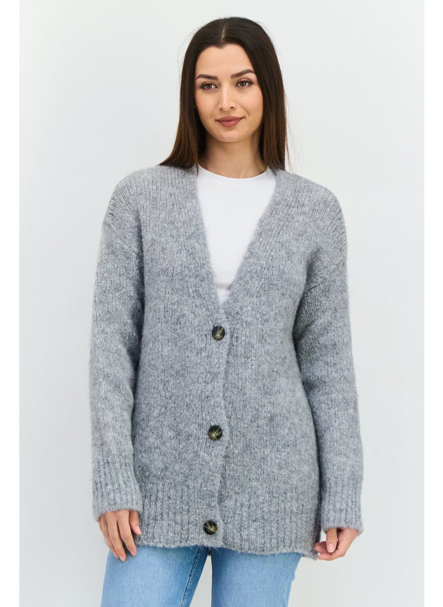 Women V-Neck Textured Cardigans, Grey