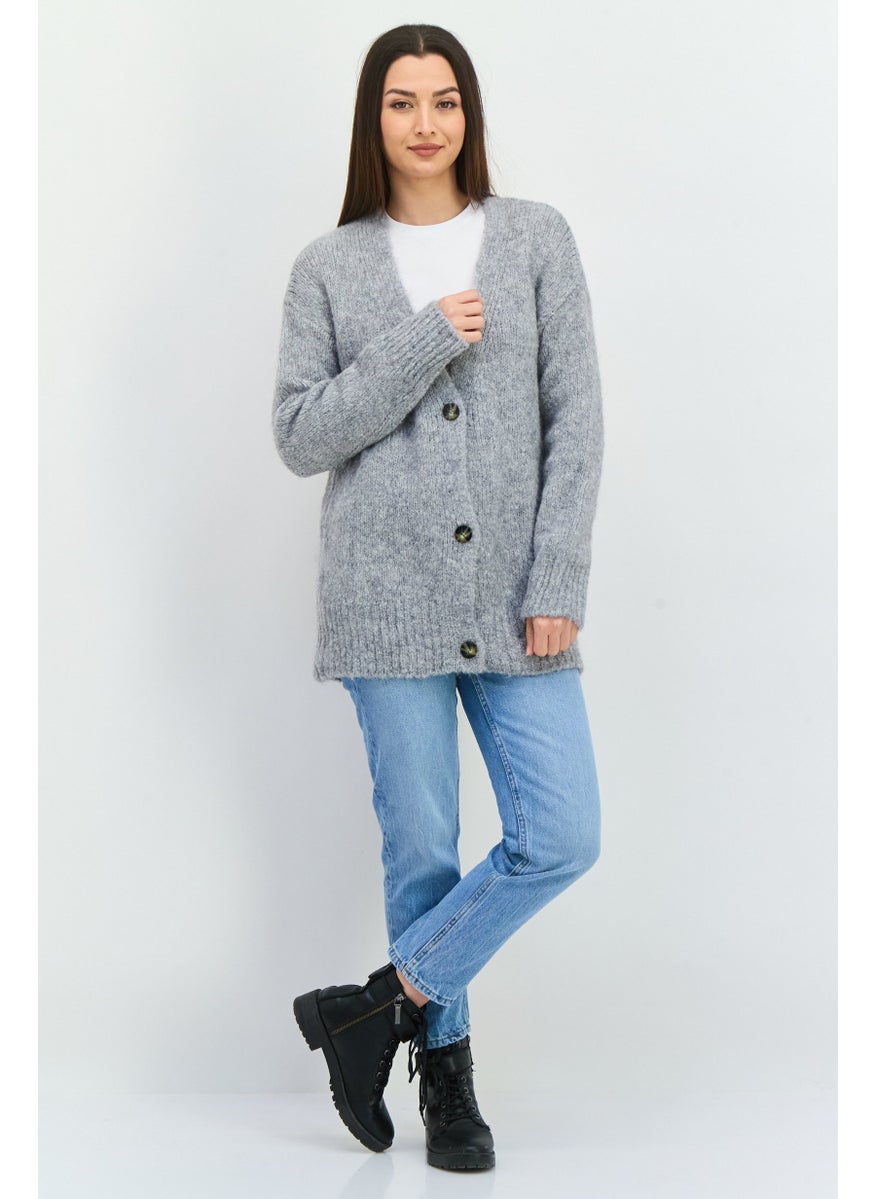 Women V-Neck Textured Cardigans, Grey