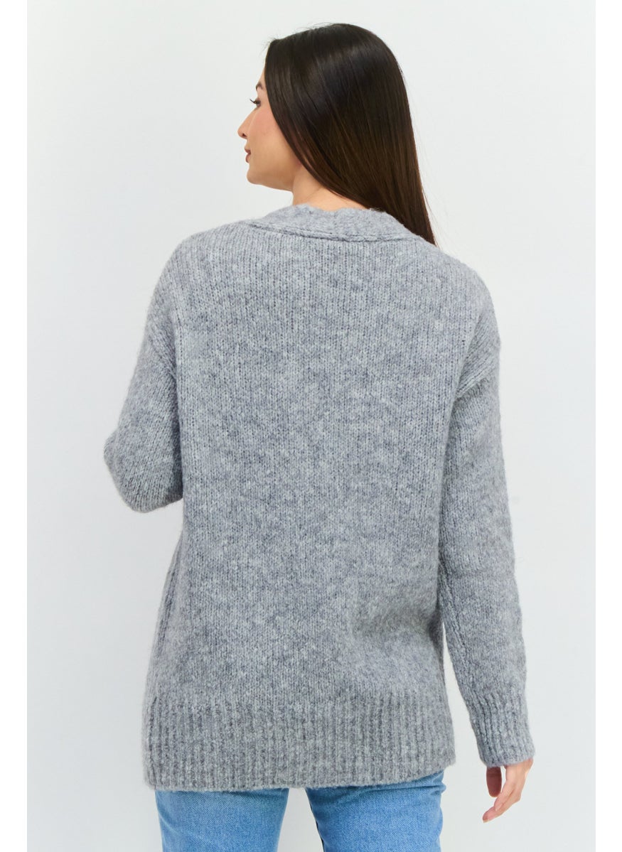 Women V-Neck Textured Cardigans, Grey