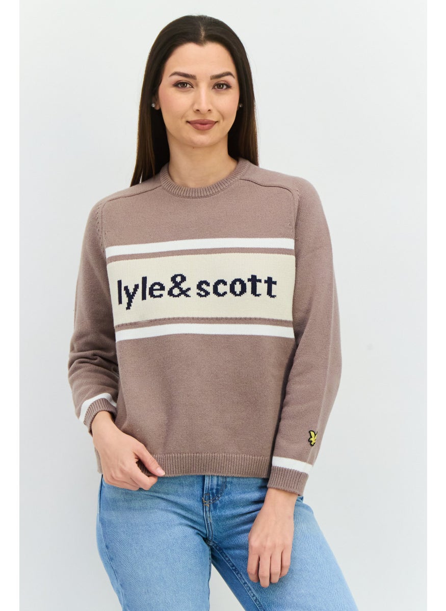 Women Crew Neck Brand Logo Sweater, Taupe