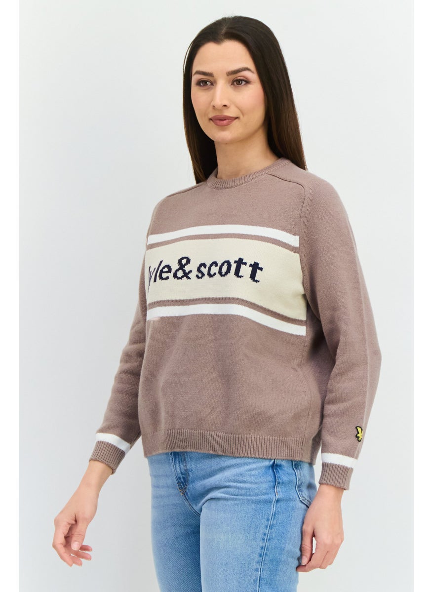 Women Crew Neck Brand Logo Sweater, Taupe