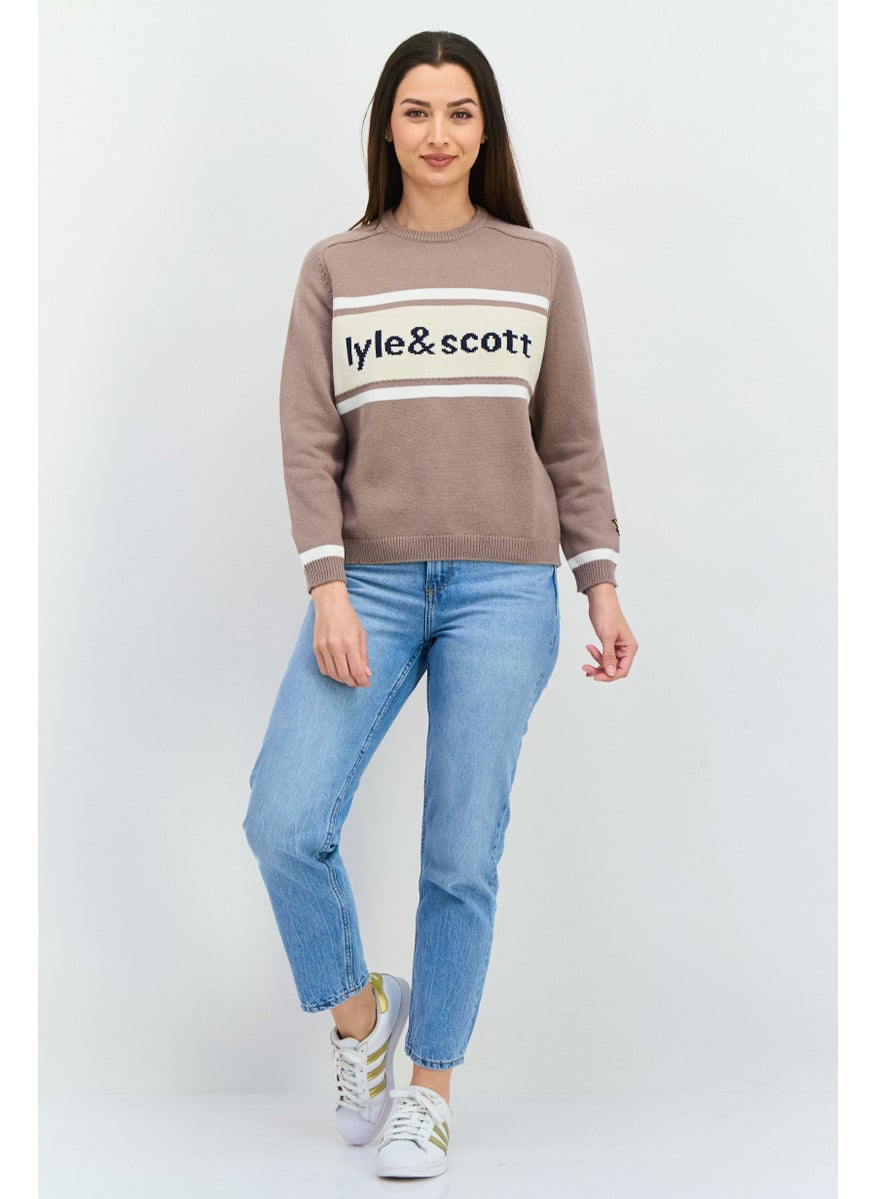 Women Crew Neck Brand Logo Sweater, Taupe