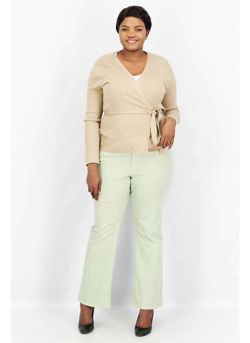 Women Open Front Belted Knit Cardigan, Tan