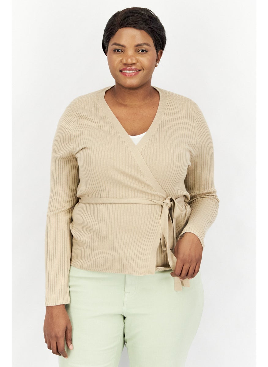 Women Open Front Belted Knit Cardigan, Tan