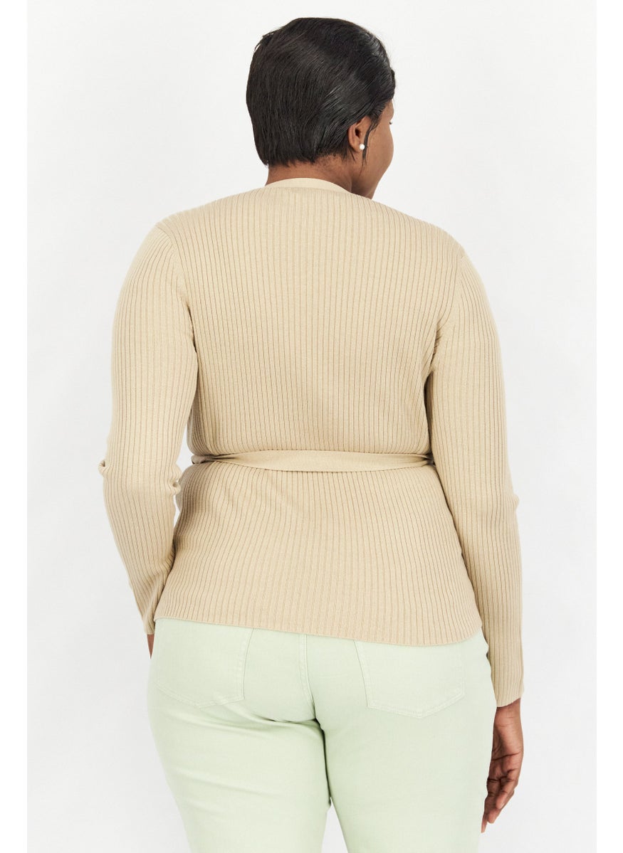 Women Open Front Belted Knit Cardigan, Tan
