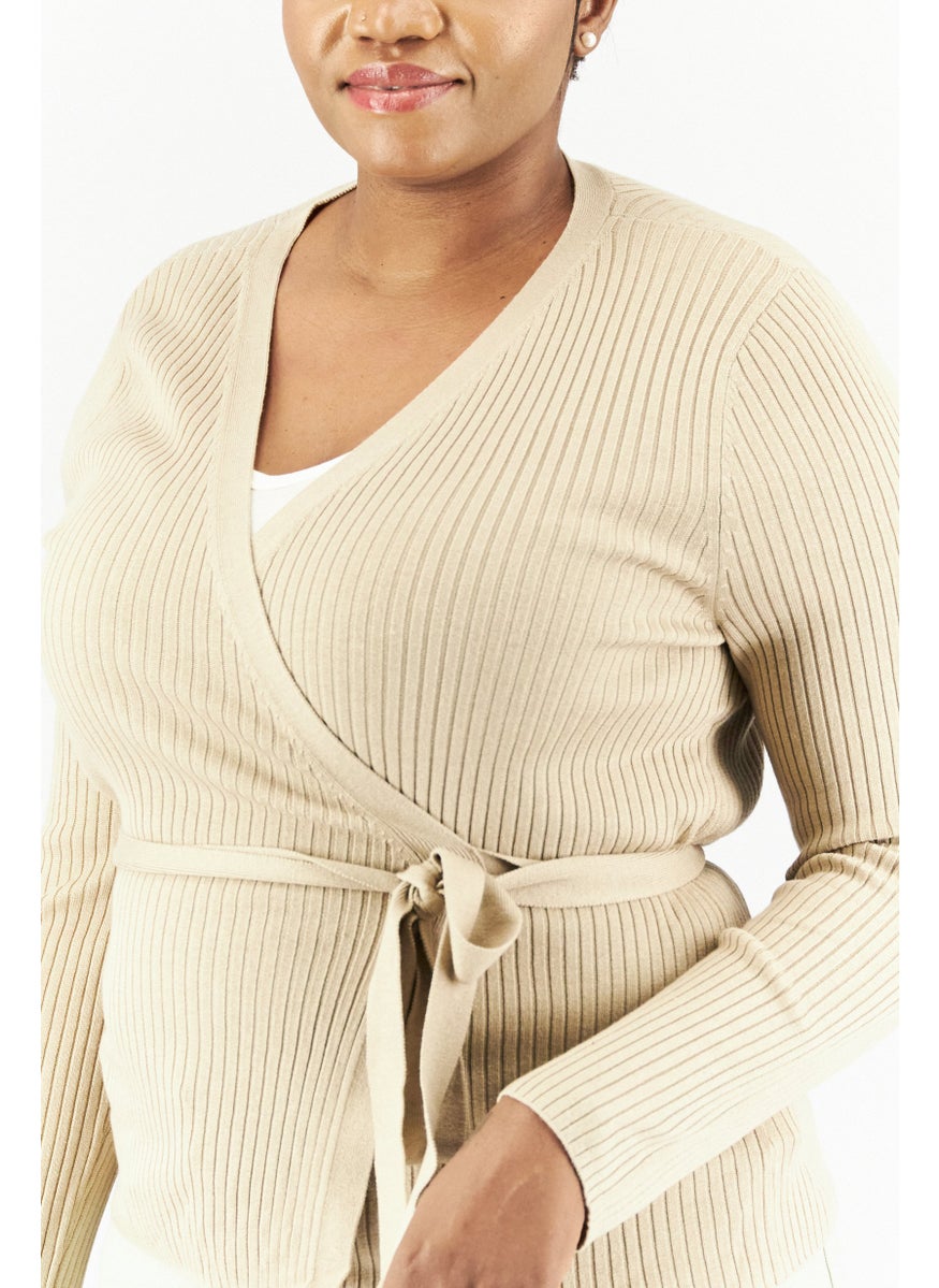 Women Open Front Belted Knit Cardigan, Tan