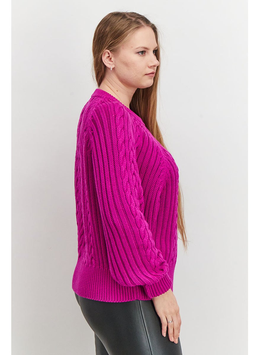 Women Mock Neck Knitted Long Sleeve Sweater, Magenta