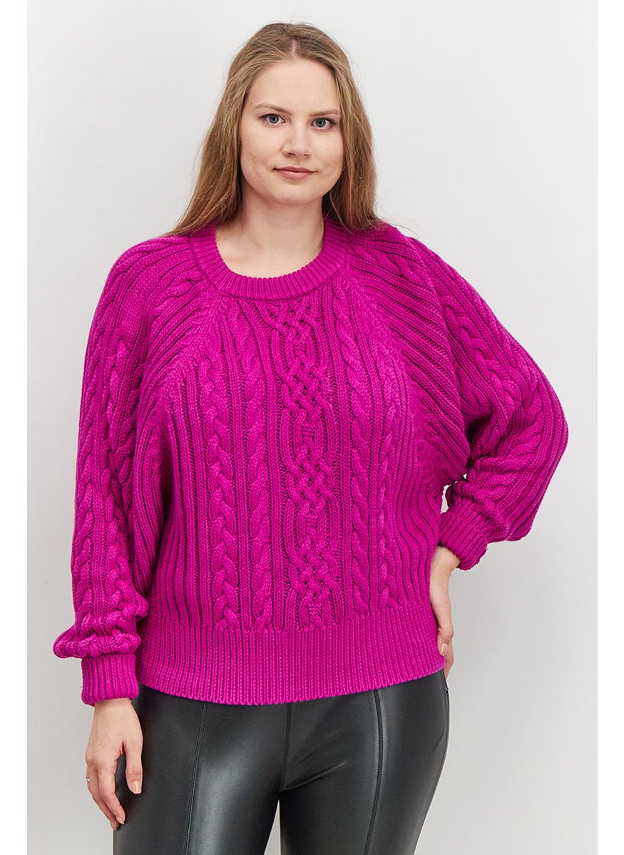 Women Mock Neck Knitted Long Sleeve Sweater, Magenta