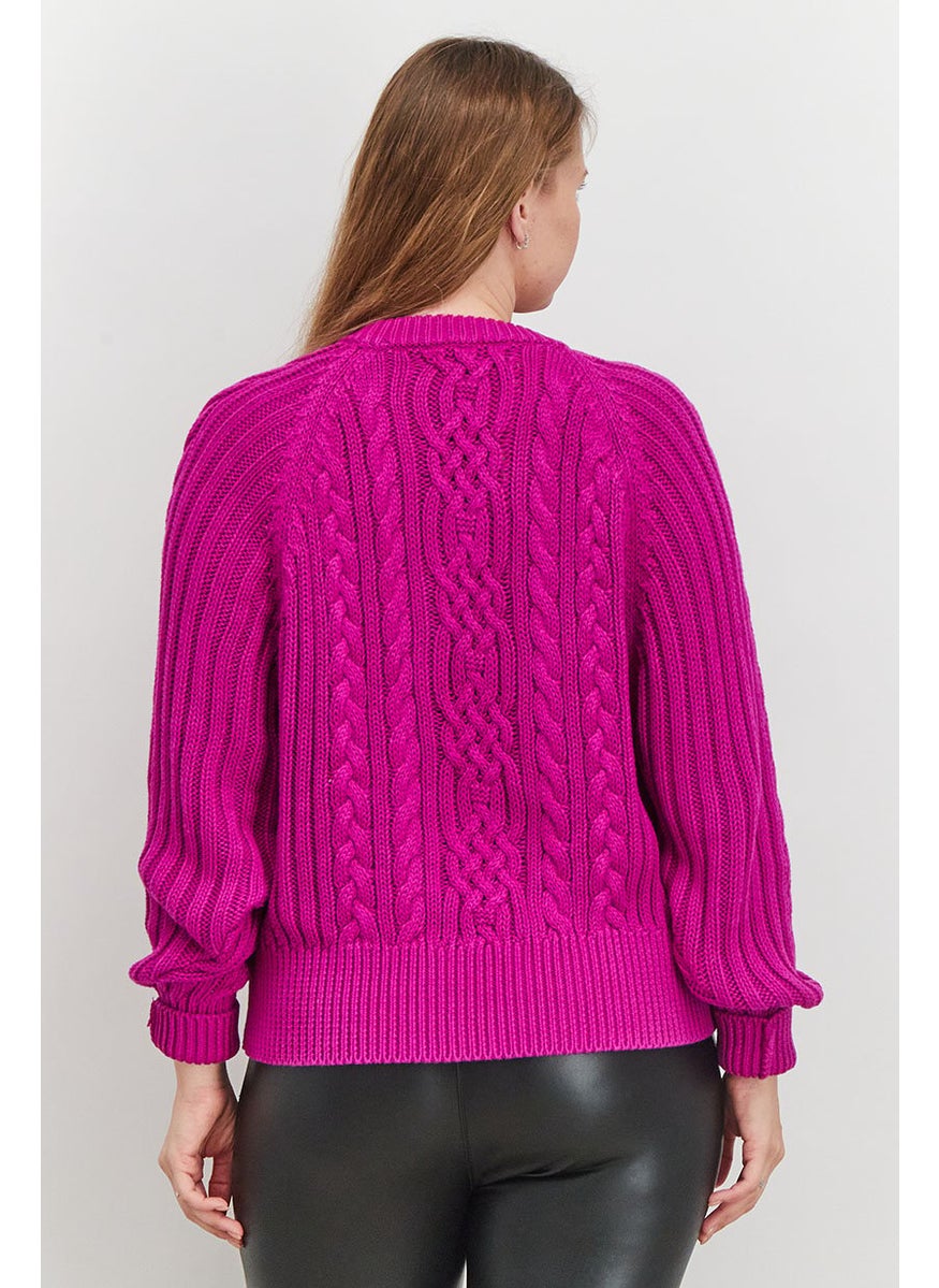 Women Mock Neck Knitted Long Sleeve Sweater, Magenta