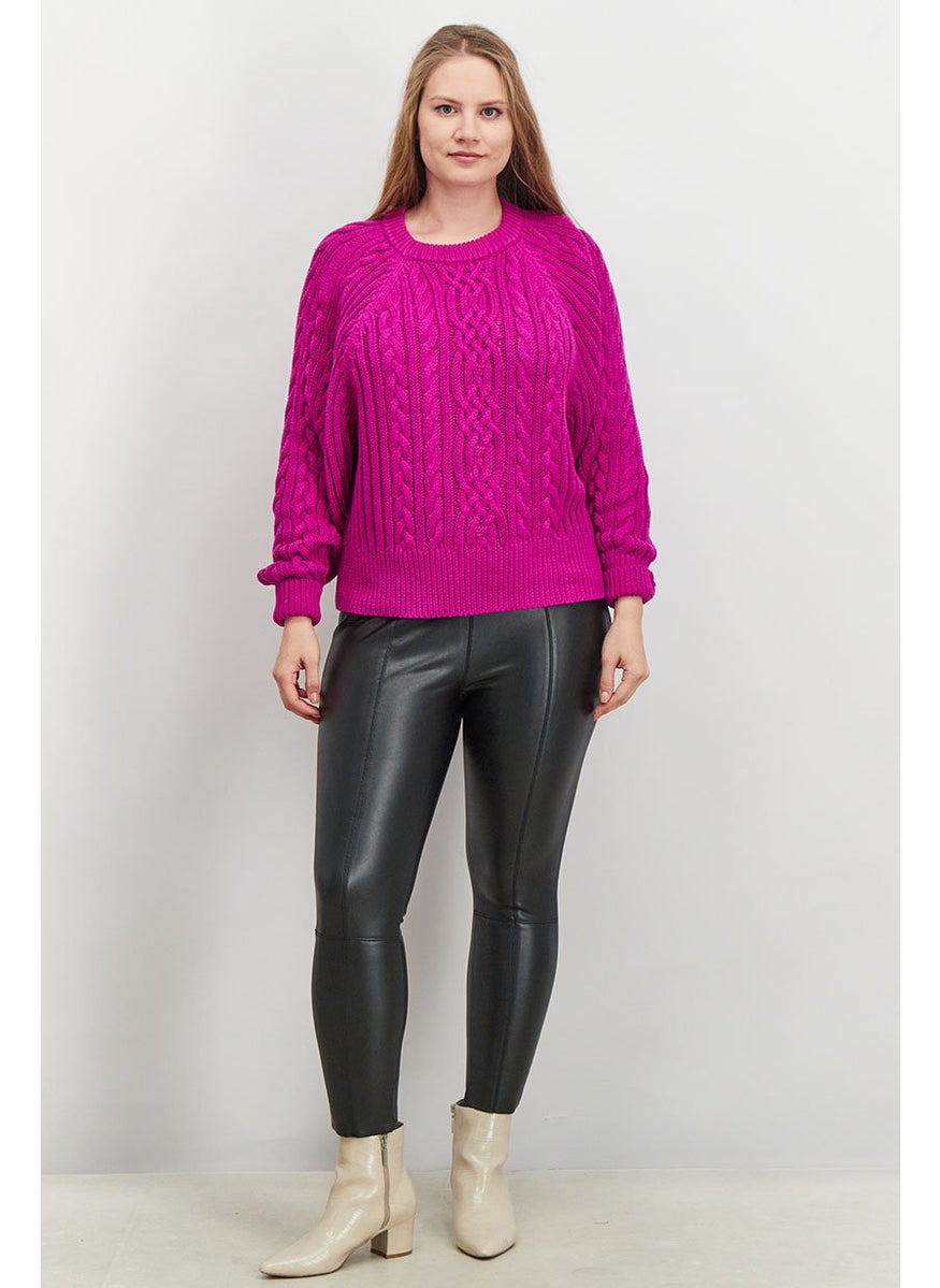 Women Mock Neck Knitted Long Sleeve Sweater, Magenta