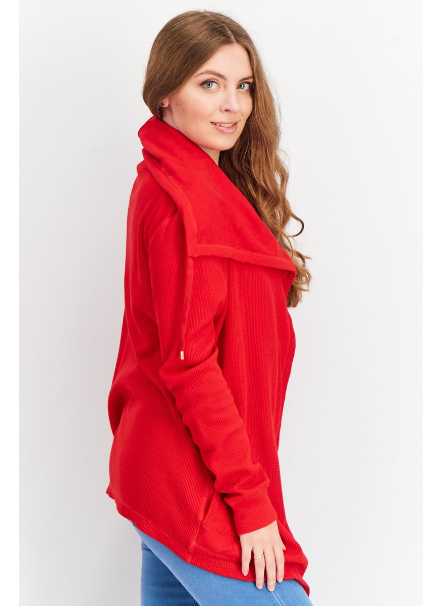 Women Tie Neck Textured Cardigan, Red